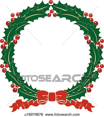 Clip Art - Holly Wreath with Red Ribbon. Fotosearch
