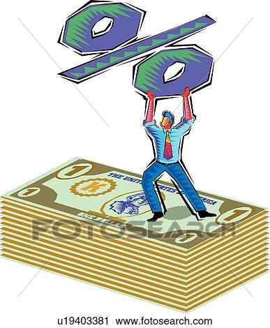 Clipart - Man holding a percent sign over dollar bills. Fotosearch