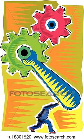 Clipart - Man turning wrench and gears clipart. Fotosearch