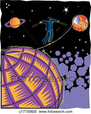 Clipart - Man walking in a string between planets. Fotosearch