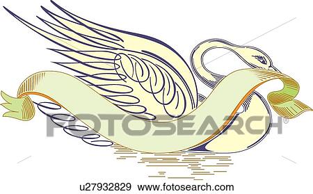 Clip Art - Multi-colored Calligraphic Design of a swan in water with a banner. Fotosearch