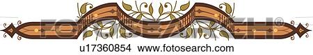 Clipart - Orange and burgundy horizontal ribbon with brown leaves Design Ornament. Fotosearch