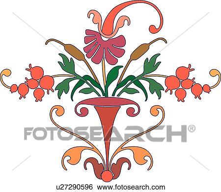 Clip Art - Orange and Red Flowers with Green Leaves Printer Ornament. Fotosearch