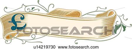 Orange Banner with green leaf accents and blue British pound sign View Large Clip Art Graphic Clipart - Orange Banner with green leaf accents and blue British pound sign. Fotosearch