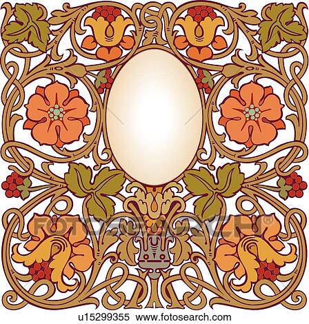 Clipart - Orange Flowers on Gold Vine Frame. Fotosearch