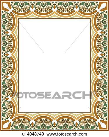 Clip Art - Orange, green and brown swan pattern arabesque Border. Fotosearch