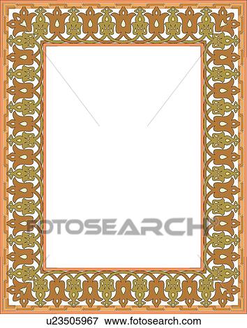 Clip Art - Orange, green and white flower arabesque Border. Fotosearch
