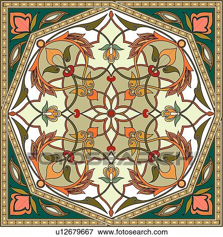 Clip Art - Orange, green, red and brown square Arabesque Design with flower and leaf accents. Fotosearch