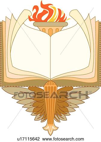 Clipart - Orange, yellow and brown book, flame and feather Frame. Fotosearch