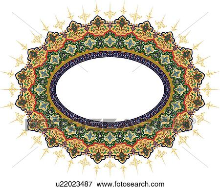 Oval shaped green, orange, blue and green Arabesque frame View Large Clip Art Graphic Clip Art - Oval shaped green, orange, blue and green Arabesque frame. Fotosearch