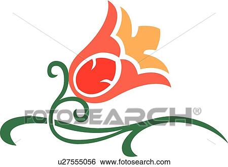 Clip Art - Pink and orange flower with green stem and leaves. Fotosearch