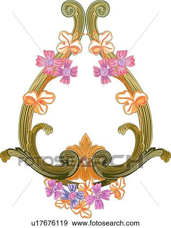 Clip Art - Pink, blue and purple flowers on green leaf Frame. Fotosearch