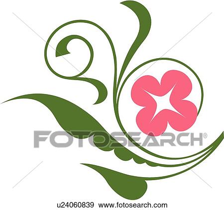 Clip Art - Pink flower with green leaves . Fotosearch