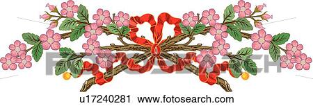 Clipart - Pink flowers with ribbon Design Ornament. Fotosearch