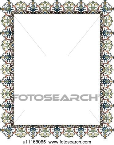 Clipart - Pink, green and blue leaf pattern arabesque Border. Fotosearch