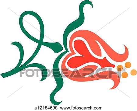 Clip Art - Pink, red and orange flower illustration with green stem and leaves. Fotosearch