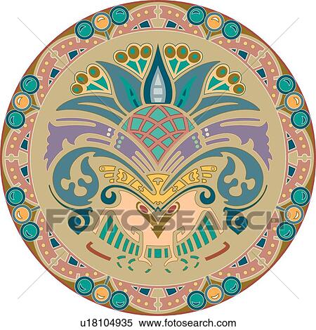 Clipart - Purple, teal, cream and green round Design Ornament. Fotosearch