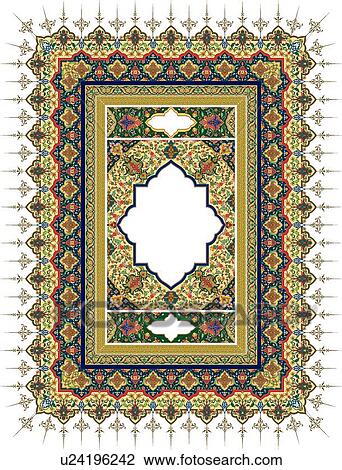 Clipart - Rectangle red, blue, gold and green Arabesque Design with copy space. Fotosearch