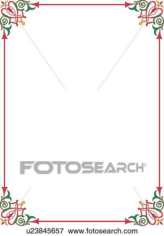 Clip Art - Red arrow Border with green and gold decorative corners. Fotosearch