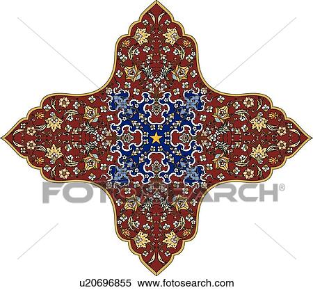 Red, blue and yellow cross shaped Arabesque Design with floral accents View Large Clip Art Graphic Clipart - Red, blue and yellow cross shaped Arabesque Design with floral accents. Fotosearch