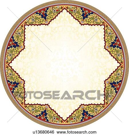 Clip Art - Red, blue, green and gold round Arabesque frame with graduated yellow star shaped center. Fotosearch