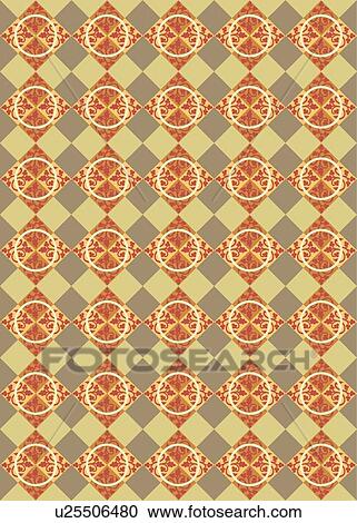 Clipart - Red Floral Squares with Grey and Green Diamonds and White Circles Background Pattern. Fotosearch