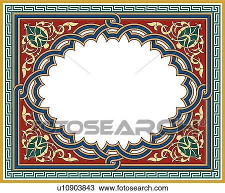 Red, gold, green and blue horizontal rectangle Arabesque frame View Large Clip Art Graphic Clipart - Red, gold, green and blue horizontal rectangle Arabesque frame. Fotosearch