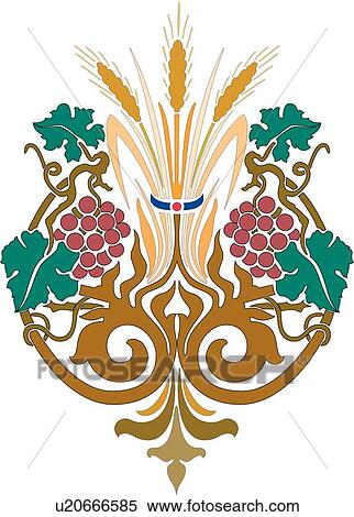Red grapes, green leaves, and yellow wheat Design Ornament View Large Clip Art Graphic Clipart - Red grapes, green leaves, and yellow wheat Design Ornament. Fotosearch