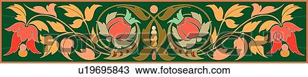 Clipart - Red, green and orange floral rectangle Design Ornament. Fotosearch