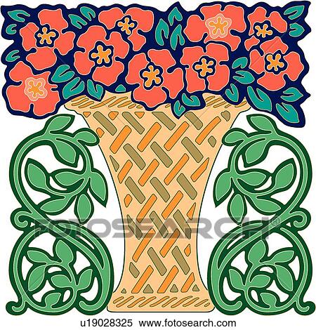 Clipart - Red, green and orange potted flower Design Ornament. Fotosearch