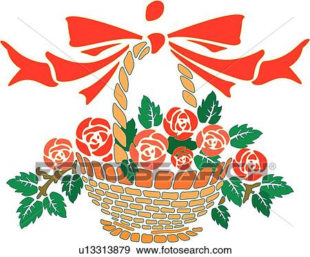Clip Art - Red, green and tan flowers in basket Design Ornament. Fotosearch