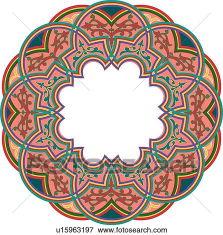 Red, green, blue and yellow round scalloped Arabesque frame View Large Clip Art Graphic Clip Art - Red, green, blue and yellow round scalloped Arabesque frame. Fotosearch