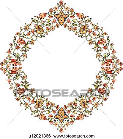 Clip Art - Red, green, yellow and orange floral pattern Arabesque frame. Fotosearch