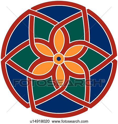 Clipart - Red, orange, green and blue round Arabesque Design. Fotosearch