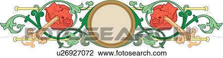 Red, pink and green floral Banner with yellow posts and brown circle center View Large Clip Art Graphic Clipart - Red, pink and green floral Banner with yellow posts and brown circle center. Fotosearch