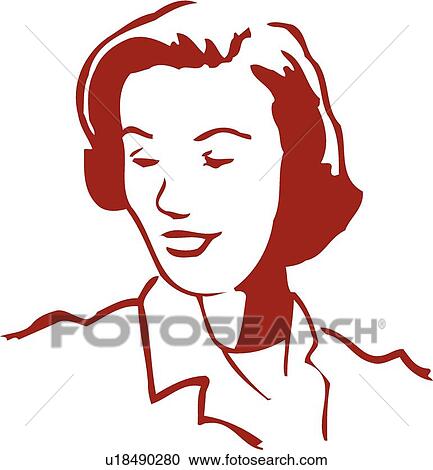 Red Retro illustration of head and shoulders of woman looking down View Large Clip Art Graphic Clipart - Red Retro illustration of head and shoulders of woman looking down. Fotosearch