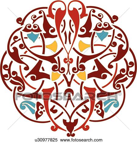 Clipart - Red teal gold circular leaf pattern . Fotosearch