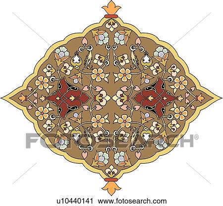 Clipart - Red, yellow and orange leaf pattern Arabesque Design. Fotosearch