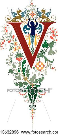 Renaissance letter V View Large Clip Art Graphic Clip Art - Renaissance letter V. Fotosearch
