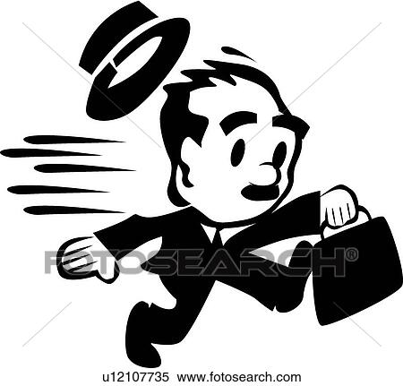 Clipart - Retro businessman running carrying briefcase. Fotosearch