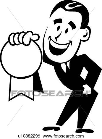 Clipart - Retro man holding award ribbon. Fotosearch