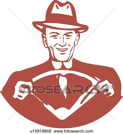 Clip Art - Retro man holding steering wheel. Fotosearch