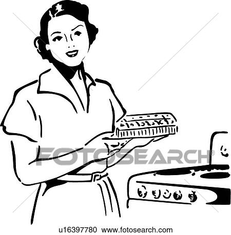 Clipart - Retro woman at stove. Fotosearch