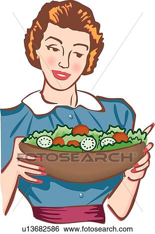 Clip Art - Retro woman holding bowl of salad. Fotosearch