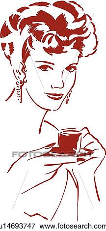 Clip Art - Retro woman holding cup. Fotosearch