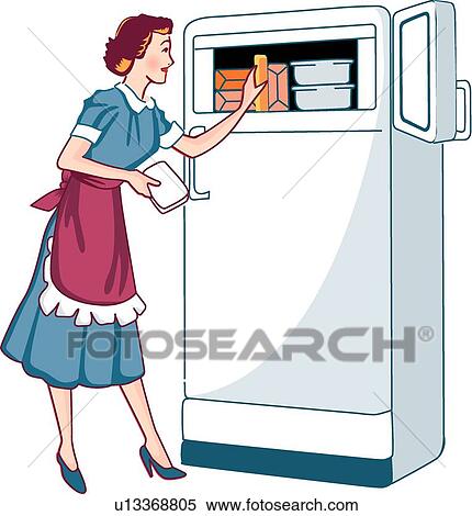 Retro woman putting food in a freezer View Large Clip Art Graphic Clipart - Retro woman putting food in a freezer. Fotosearch