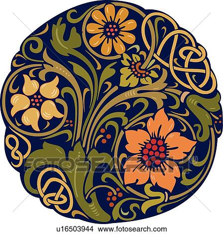 Round Design Ornament with Various Flowers in Orange, Brown and Green View Large Clip Art Graphic Clipart - Round Design Ornament with Various Flowers in Orange, Brown and Green. Fotosearch