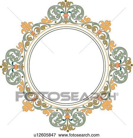 Clip Art - Round Frame with orange, blue and green leaf border. Fotosearch