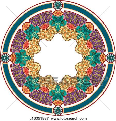Round gold, red, purple and green leaf pattern Arabesque frame View Large Clip Art Graphic Clip Art - Round gold, red, purple and green leaf pattern Arabesque frame. Fotosearch