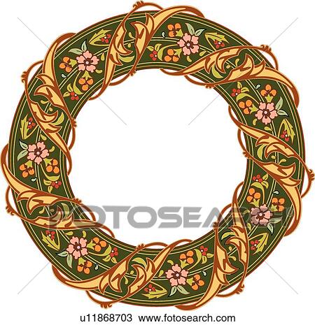 Round green Frame with pink and red flowers and orange berry accents and a gold leaf ribbon View Large Clip Art Graphic Clipart - Round green Frame with pink and red flowers and orange berry accents and a gold leaf ribbon. Fotosearch